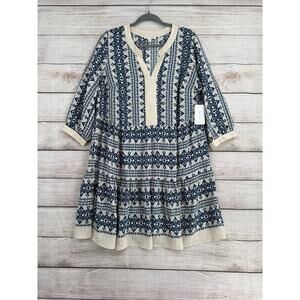 Fig and Flower Anthropologie BOHO Peasant Dress Womens 1X Cream Blue NEW